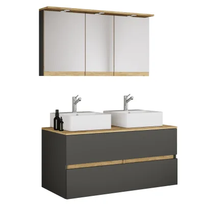 VCM 4-tlg. Doppelwaschtisch Cosila mit 2 Keramikbecken – Badschrank  H. 51 x B. 111 x T. 51 cm mit 2 Softclose-Schubladen, Spiegelschrank mit Beleuchtung & Steckdose, Waschplatz Set Cosila-A