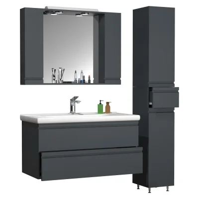 VCM 4-tlg. Waschplatz Waschtisch 100 cm Badmöbel Set Waschbecken grifflose Schublade Spiegelschrank Hochschrank Silora