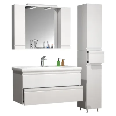 VCM 4-tlg. Waschplatz Waschtisch 100 cm Badmöbel Set Waschbecken grifflose Schublade Spiegelschrank Hochschrank Silora