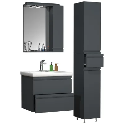 VCM 4-tlg. Waschplatz Waschtisch 60 cm Badmöbel Set Waschbecken grifflose Schublade Spiegelschrank Hochschrank Silora