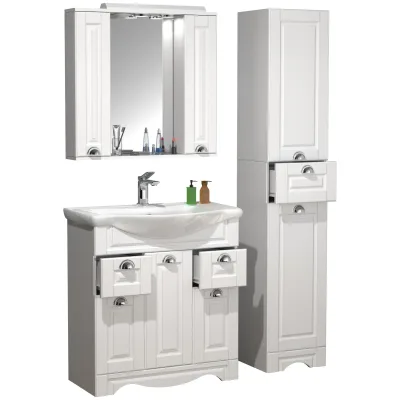 VCM 4-tlg. Waschplatz Waschtisch Breite 75 cm Badmöbel Set Waschbecken Spiegelschrank Hochschrank Schublade Landhaus Casalo