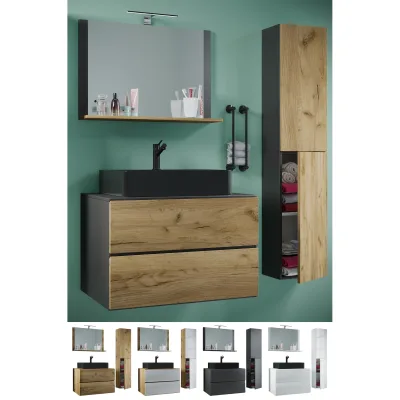 VCM 4-tlg. Waschplatz Waschtisch   schwarzes Waschbecken Unterschrank  Breite 60 cm    Badmöbel Set mit Schubladen Drehtüren Spiegel   Lendas S BL