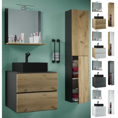 VCM 4-tlg. Waschplatz Waschtisch   schwarzes Waschbecken Unterschrank Breite 60 cm    Badmöbel Set mit Schubladen Drehtüren Spiegel   Lendas S BL