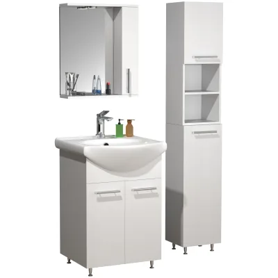 VCM 4-tlg. Waschplatz   Waschtisch Unterschrank 55 cm   Badmöbel Set mit Waschbecken Spiegeschrank Hochschrank   praktische Drehtüren  Komplettset Lisalo