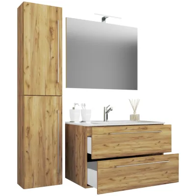 VCM 4-tlg. Waschplatz Waschtisch   Waschbecken Unterschrank Breite 60 cm   Badmöbel Set mit Schubladen Drehtüren Spiegel   Badinos