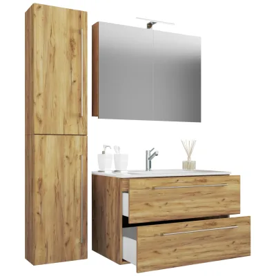 VCM 4-tlg. Waschplatz Waschtisch   Waschbecken Unterschrank Breite 60 cm   Badmöbel Set mit Schubladen Drehtüren Spiegelschrank   Badinos
