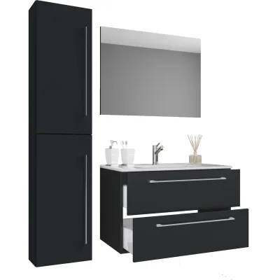 VCM 4-tlg. Waschplatz Waschtisch   Waschbecken Unterschrank Breite 80 cm   Badmöbel Set mit Schubladen Drehtüren Spiegel   Badinos