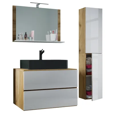 VCM 4-tlg. Waschplatz Waschtisch   Waschbecken Unterschrank Breite 80 cm   Badmöbel Set mit Schubladen Drehtüren Spiegel   Lendas