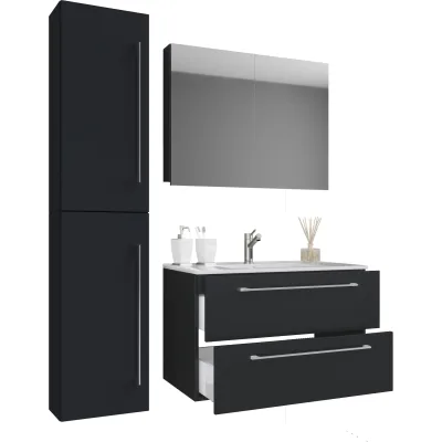 VCM 4-tlg. Waschplatz Waschtisch   Waschbecken Unterschrank Breite 80 cm   Badmöbel Set mit Schubladen Drehtüren Spiegelschrank   Badinos