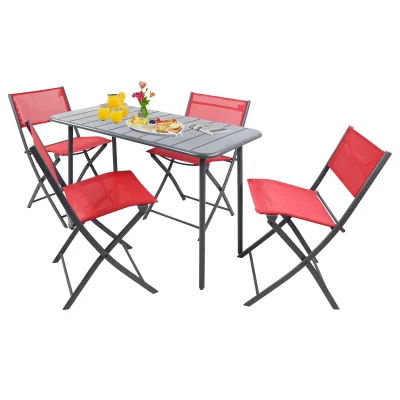VCM 5-teilig Balkonmöbel Set, Gartentisch 110x55 cm mit 4 Klappstühlen, Metall & Textilene, wetterbeständig, platzsparend für Balkon & Terrasse, Sumila