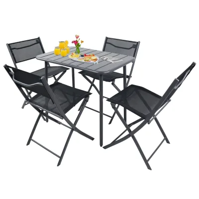 VCM 5-teilig Balkonmöbel Set, Gartentisch 80x55 cm mit 4 Klappstühlen, Metall & Textilene, wetterbeständig, platzsparend für Balkon & Terrasse, Sumila