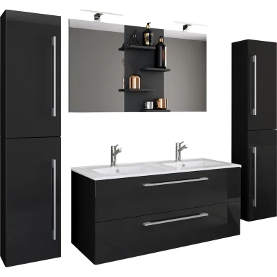 VCM 5-tlg. Doppel Waschplatz   2x Waschtisch   Badmöbel Set mit Unterschrank, Waschbecken, 2x Hochschrank und Spiegel   Doppelwaschbecken   Komplettset Budasi SP
