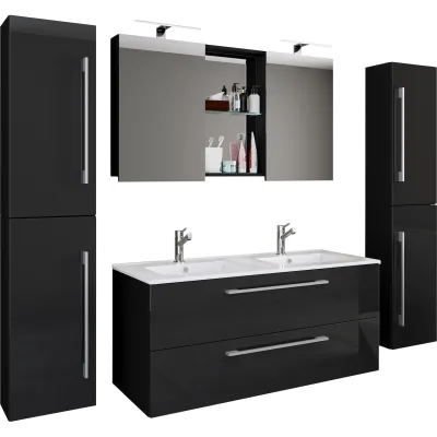 VCM 5-tlg. Doppel Waschplatz   2x Waschtisch   Badmöbel Set mit Unterschrank, Waschbecken, 2x Hochschrank und Spiegelschrank   Doppelwaschbecken   Komplettset Budasi SC