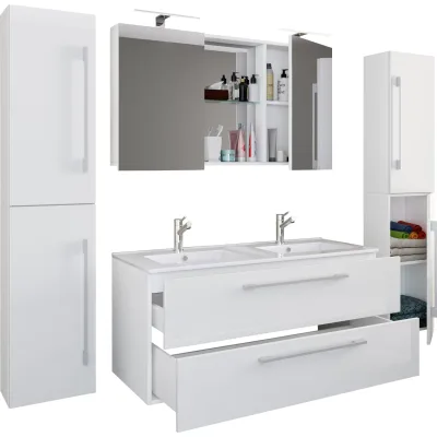 VCM 5-tlg. Doppel Waschplatz   2x Waschtisch   Badmöbel Set mit Unterschrank, Waschbecken, 2x Hochschrank und Spiegelschrank   Doppelwaschbecken   Komplettset Budasi SC