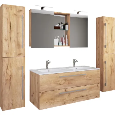 VCM 5-tlg. Doppel Waschplatz   2x Waschtisch   Badmöbel Set mit Unterschrank, Waschbecken, 2x Hochschrank und Spiegelschrank   Doppelwaschbecken   Komplettset Budasi SC