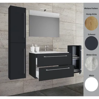 VCM 5-tlg. Set   1 Waschtisch mit zwei Schubladen, 1 Spiegel, 1 Waschbecken, 1 Midischrank, 1 Hochschrank   Keramik Waschbecken   hängend Unterschrank 60 cm   Badmöbel Set Waschplatz – Badinos