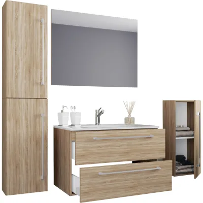 VCM 5-tlg. Set   1 Waschtisch mit zwei Schubladen, 1 Spiegel, 1 Waschbecken, 1 Midischrank, 1 Hochschrank   Keramik Waschbecken   hängend Unterschrank 80 cm   Badmöbel Set Waschplatz – Badinos