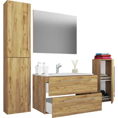 VCM 5-tlg. Set   1 Waschtisch mit zwei Schubladen, 1 Spiegel, 1 Waschbecken, 1 Midischrank, 1 Hochschrank   Keramik Waschbecken   hängend Unterschrank 80 cm   Badmöbel Set Waschplatz – Badinos