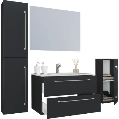 VCM 5-tlg. Set   1 Waschtisch mit zwei Schubladen, 1 Spiegel, 1 Waschbecken, 1 Midischrank, 1 Hochschrank   Keramik Waschbecken   hängend Unterschrank 80 cm   Badmöbel Set Waschplatz – Badinos