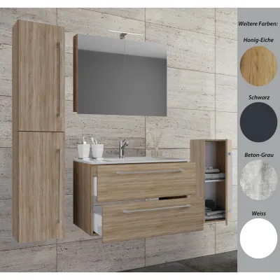 VCM 5-tlg. Set   1 Waschtisch mit zwei Schubladen, 1 Spiegelschrank, 1 Waschbecken, 1 Midischrank, 1 Hochschrank   Keramik Waschbecken   hängend Unterschrank 60 cm   Badmöbel Set Waschplatz – Badinos