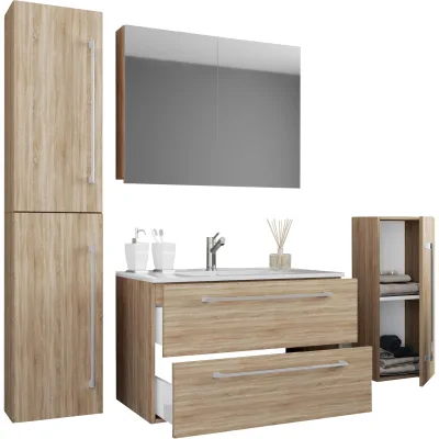VCM 5-tlg. Set   1 Waschtisch mit zwei Schubladen, 1 Spiegelschrank, 1 Waschbecken, 1 Midischrank, 1 Hochschrank   Keramik Waschbecken   hängend Unterschrank 80 cm   Badmöbel Set Waschplatz – Badinos