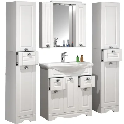 VCM 5-tlg. Waschplatz Waschtisch Breite 75 cm Badmöbel Set Waschbecken Spiegelschrank Hochschrank Landhaus Schublade Casalo