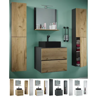 VCM 5-tlg. Waschplatz Waschtisch   schwarzes Waschbecken Unterschrank Breite 60 cm    Badmöbel Set mit Schubladen Drehtüren Spiegel   Lendas S BL