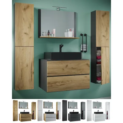 VCM 5-tlg. Waschplatz Waschtisch   schwarzes Waschbecken Unterschrank Breite 60 cm    Badmöbel Set mit Schubladen Drehtüren Spiegel   Lendas S BL