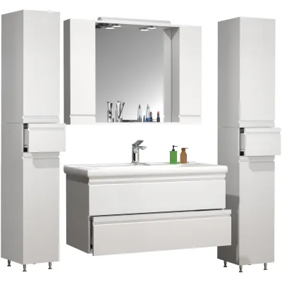 VCM 5-tlg. Waschplatz   Waschtisch Unterschrank 100 cm   Badmöbel Set mit Waschbecken Spiegelschrank Hochschrank   grifflose Schubladen   Komplettset Silora