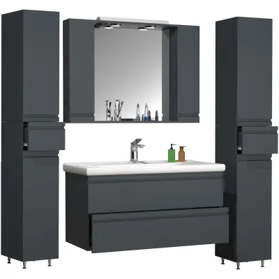VCM 5-tlg. Waschplatz   Waschtisch Unterschrank 100 cm   Badmöbel Set mit Waschbecken Spiegelschrank Hochschrank   grifflose Schubladen   Komplettset Silora