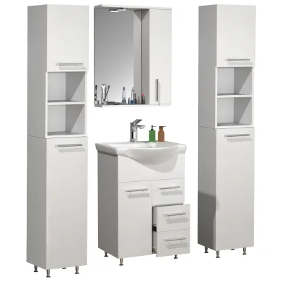 VCM 5-tlg. Waschplatz   Waschtisch Unterschrank 55 cm   Badmöbel Set mit Waschbecken, 2x Hochschrank, Spiegelschrank   praktische Schubladen und Drehtüren   Komplettset Lisalo