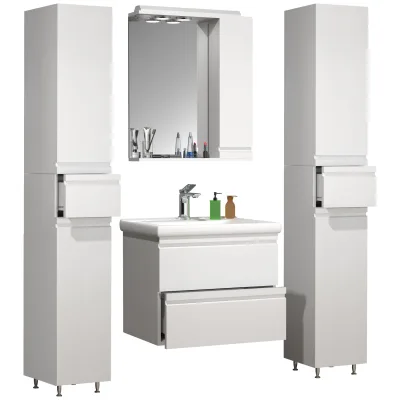 VCM 5-tlg. Waschplatz   Waschtisch Unterschrank 60 cm   Badmöbel Set mit Keramik Waschbecken   grifflosen Schubladen   Spiegelschrank   2x Hochschrank   Komplettset Silora