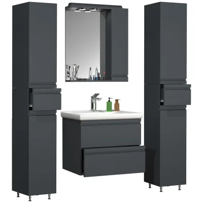VCM 5-tlg. Waschplatz   Waschtisch Unterschrank 60 cm   Badmöbel Set mit Keramik Waschbecken   grifflosen Schubladen   Spiegelschrank   2x Hochschrank   Komplettset Silora