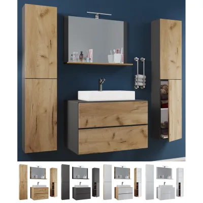 VCM 5-tlg. Waschplatz Waschtisch   Waschbecken Unterschrank Breite 60 cm   Badmöbel Set mit Schubladen Drehtüren Spiegel   Lendas XL Schublade