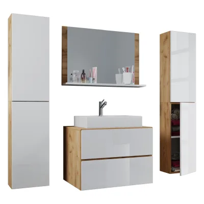 VCM 5-tlg. Waschplatz Waschtisch   Waschbecken Unterschrank Breite 80 cm   Badmöbel Set mit Schubladen Drehtüren Spiegel   Lendas