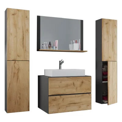 VCM 5-tlg. Waschplatz Waschtisch   Waschbecken Unterschrank Breite 80 cm   Badmöbel Set mit Schubladen Drehtüren Spiegel   Lendas