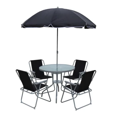 VCM 6-teilig Gartenmöbel Set, Gartentisch Ø 75 cm mit Glasplatte, 4 Stühle & Sonnenschirm, Metall & Textilene, Outdoor geeignet - Maxola