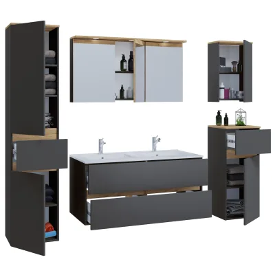 VCM 6-tlg. Doppelwaschtisch Cosila mit 1 Doppel Keramikbecken – Badschrank  H. 51 x B. 111 x T. 51 cm mit 2 Softclose-Schubladen, Spiegelschrank mit Beleuchtung & Steckdose, Midi und Hängeschrank, Waschplatz Set Cosila-I