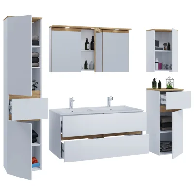 VCM 6-tlg. Doppelwaschtisch Cosila mit 1 Doppel Keramikbecken – Badschrank  H. 51 x B. 111 x T. 51 cm mit 2 Softclose-Schubladen, Spiegelschrank mit Beleuchtung & Steckdose, Midi und Hängeschrank, Waschplatz Set Cosila-I