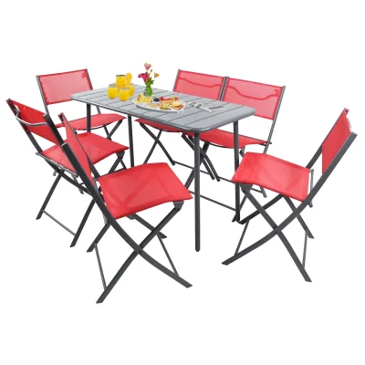 VCM 7-teilig Balkonmöbel Set, Gartentisch 110x55 cm mit 6 Klappstühlen, Metall & Textilene, wetterbeständig, platzsparend für Balkon & Terrasse, Sumila