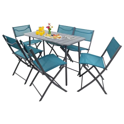 VCM 7-teilig Balkonmöbel Set, Gartentisch 110x55 cm mit 6 Klappstühlen, Metall & Textilene, wetterbeständig, platzsparend für Balkon & Terrasse, Sumila