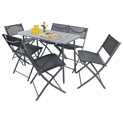 VCM 7-teilig Balkonmöbel Set, Gartentisch 110x55 cm mit 6 Klappstühlen, Metall & Textilene, wetterbeständig, platzsparend für Balkon & Terrasse, Sumila
