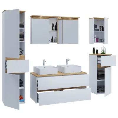 VCM 7-tlg. Doppelwaschtisch Cosila mit 2 Keramikbecken – Badschrank  H. 51 x B. 111 x T. 51 cm mit 2 Softclose-Schubladen, Spiegelschrank mit Beleuchtung & Steckdose, Midi und Hängeschrank, Waschplatz Set Cosila-A