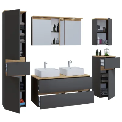 VCM 7-tlg. Doppelwaschtisch Cosila mit 2 Keramikbecken – Badschrank  H. 51 x B. 111 x T. 51 cm mit 2 Softclose-Schubladen, Spiegelschrank mit Beleuchtung & Steckdose, Midi und Hängeschrank, Waschplatz Set Cosila-A