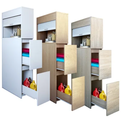 VCM Badmöbel Nischenschrank   Maße: H. 131 x B. 25 x T. 48 cm   Raumteiler   2 Schubladen   1 großes offenes Fach mit Rolladen - Tasalo