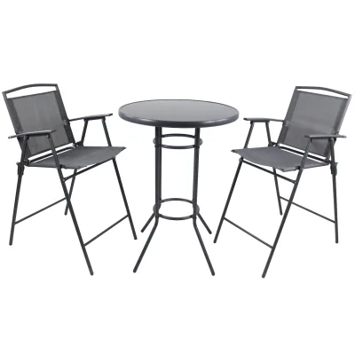 VCM Bar Set 3-teilig, Stehtisch Ø 70 cm mit 2 Barstühlen, Metall & Glas, Textilene Bezug, Outdoor geeignet für Balkon, Terrasse & Garten - Garlos