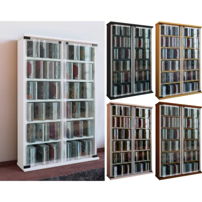 VCM CD Regal Holz   CD Schrank mit ESG-Sicherheitsglastüren für 300 CDs oder 130 DVDs 72-Videos   Maße: H. 92 x B. 60 x T. 18 cm   Elegantes DVD Regal   Blu ray Regal   CD Regal - Galerie