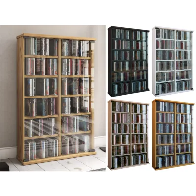 VCM CD Regal Holz   CD Schrank mit ESG-Sicherheitsglastüren für 300 CDs oder 130 DVDs oder 72-Videos  Maße: H. 92 x B. 60 x T. 18 cm   Elegantes DVD Regal   Blu ray Regal   CD Regal - Roma