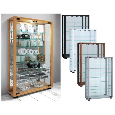 VCM Glasvitrine stehend   Vitrine Glas mit ESG-Sicherheitsglas   Maße ca. H. 91 x B. 59 x T. 18 cm   Standvitrine Glas   Modern und platzsparend   Glas Vitrinenschrank – Lumo Mini Spiegel