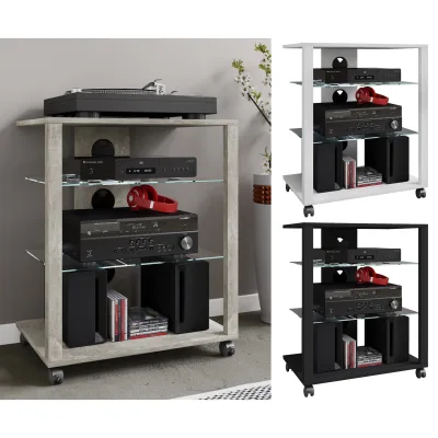 VCM Hifi Holz Möbel   Rack Schrank Phono Regal mit Rollen   2 Glasböden   Maße: H. 70 x B. 60 x T. 41 cm    Phono Mediaregal - Folas